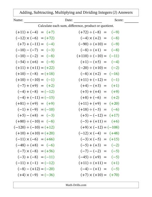 The Adding, Subtracting, Multiplying and Dividing Mixed Integers from -12 to 12 (50 Questions; All Parentheses) (J) Math Worksheet Page 2