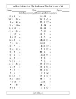 Adding, Subtracting, Multiplying and Dividing Mixed Integers from -12 to 12 (50 Questions)