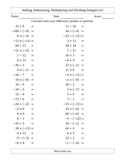 The All Operations with Integers (Range -12 to 12) with Negative Integers in Parentheses (A) Math Worksheet