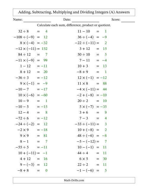 The All Operations with Integers (Range -12 to 12) with Negative Integers in Parentheses (A) Math Worksheet Page 2