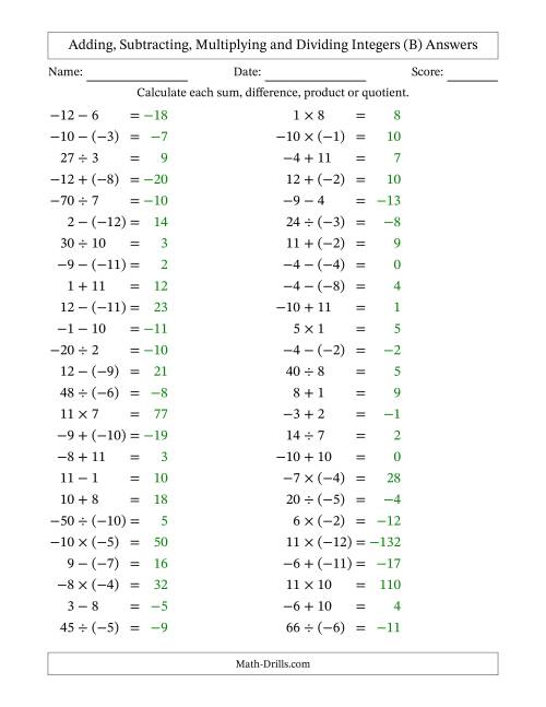The Adding, Subtracting, Multiplying and Dividing Mixed Integers from -12 to 12 (50 Questions) (B) Math Worksheet Page 2