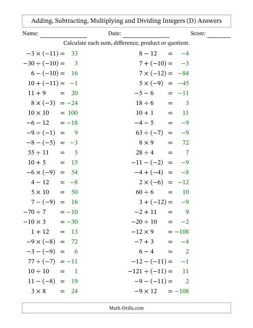 The Adding, Subtracting, Multiplying and Dividing Mixed Integers from -12 to 12 (50 Questions) (D) Math Worksheet Page 2