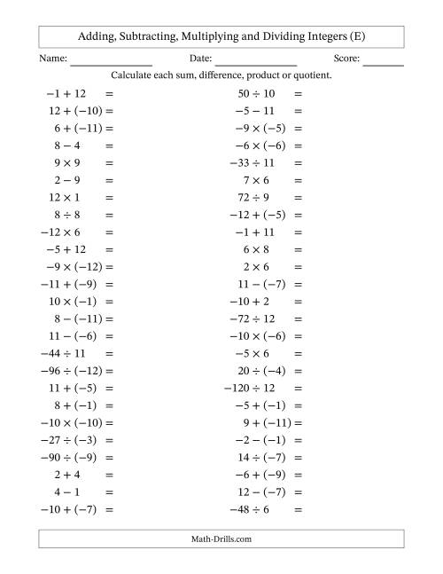 The Adding, Subtracting, Multiplying and Dividing Mixed Integers from -12 to 12 (50 Questions) (E) Math Worksheet