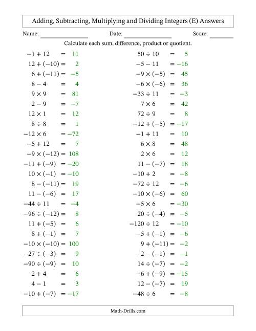 The Adding, Subtracting, Multiplying and Dividing Mixed Integers from -12 to 12 (50 Questions) (E) Math Worksheet Page 2