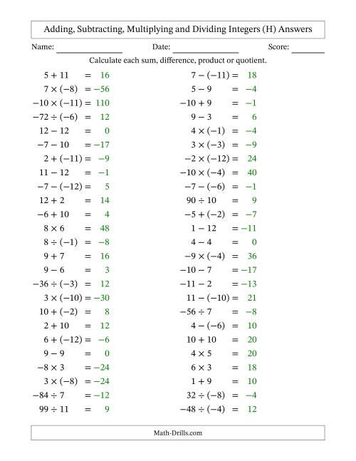 The Adding, Subtracting, Multiplying and Dividing Mixed Integers from -12 to 12 (50 Questions) (H) Math Worksheet Page 2