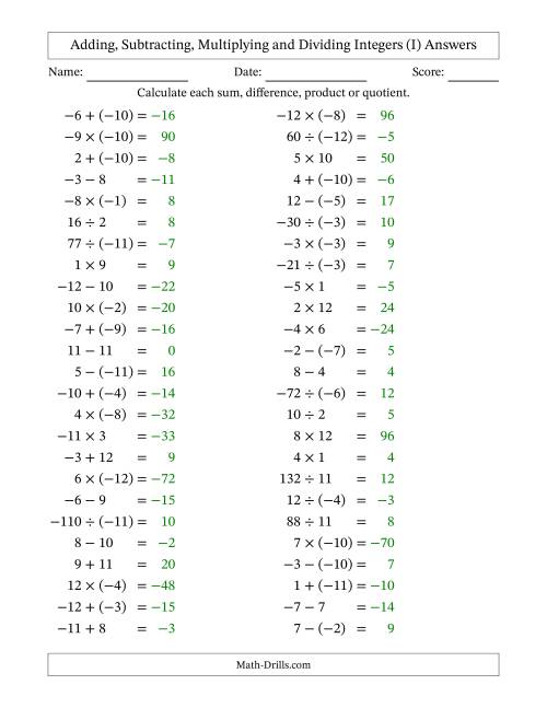The Adding, Subtracting, Multiplying and Dividing Mixed Integers from -12 to 12 (50 Questions) (I) Math Worksheet Page 2