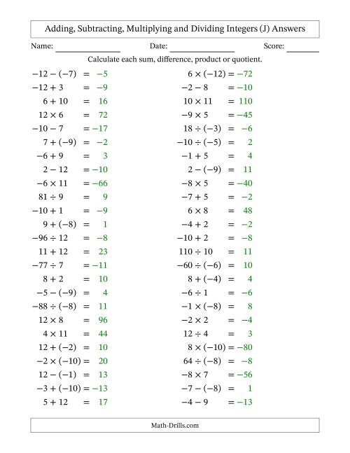 The Adding, Subtracting, Multiplying and Dividing Mixed Integers from -12 to 12 (50 Questions) (J) Math Worksheet Page 2