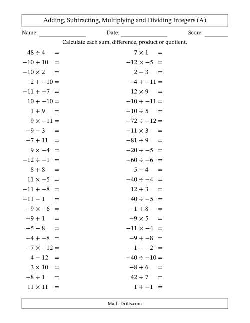 The All Operations with Integers (Range -12 to 12) with No Parentheses (A) Math Worksheet