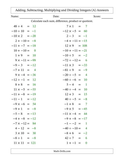 The All Operations with Integers (Range -12 to 12) with No Parentheses (A) Math Worksheet Page 2