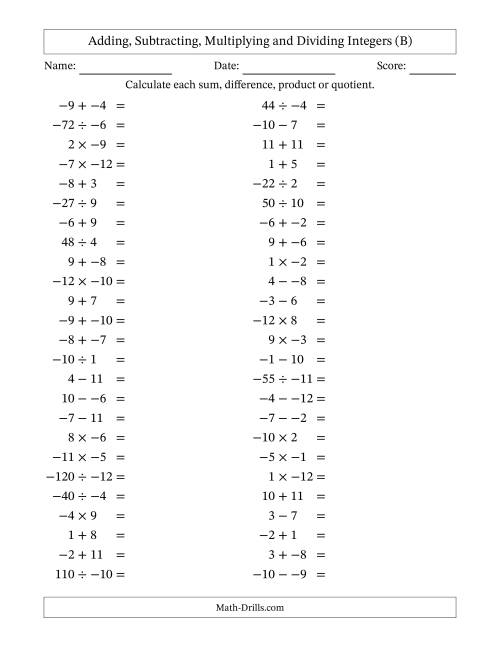 The Adding, Subtracting, Multiplying and Dividing Mixed Integers from -12 to 12 (50 Questions; No Parentheses) (B) Math Worksheet