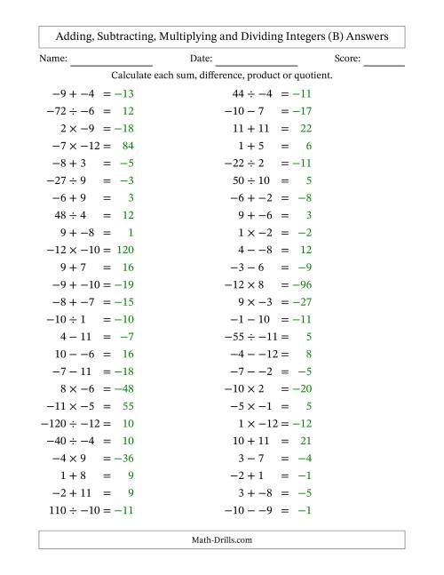 The Adding, Subtracting, Multiplying and Dividing Mixed Integers from -12 to 12 (50 Questions; No Parentheses) (B) Math Worksheet Page 2