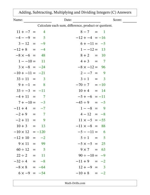 The Adding, Subtracting, Multiplying and Dividing Mixed Integers from -12 to 12 (50 Questions; No Parentheses) (C) Math Worksheet Page 2