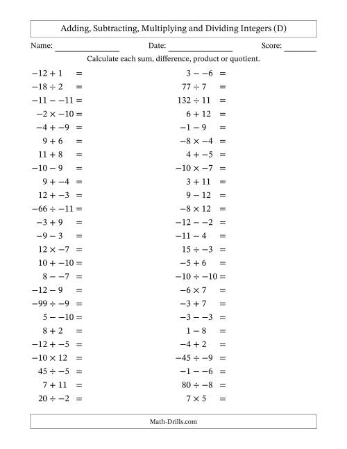 The Adding, Subtracting, Multiplying and Dividing Mixed Integers from -12 to 12 (50 Questions; No Parentheses) (D) Math Worksheet