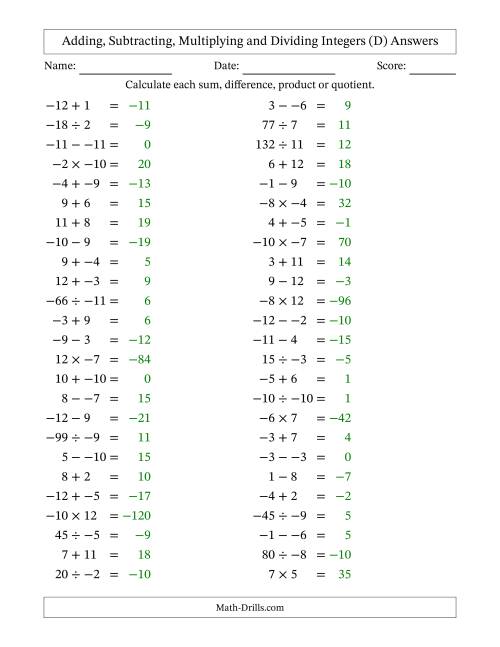 The Adding, Subtracting, Multiplying and Dividing Mixed Integers from -12 to 12 (50 Questions; No Parentheses) (D) Math Worksheet Page 2