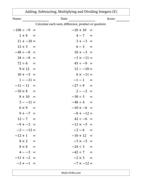 The Adding, Subtracting, Multiplying and Dividing Mixed Integers from -12 to 12 (50 Questions; No Parentheses) (E) Math Worksheet