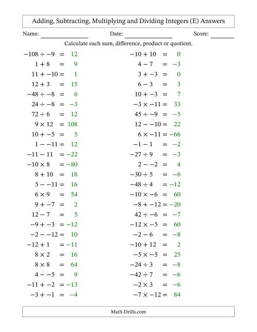 The Adding, Subtracting, Multiplying and Dividing Mixed Integers from -12 to 12 (50 Questions; No Parentheses) (E) Math Worksheet Page 2