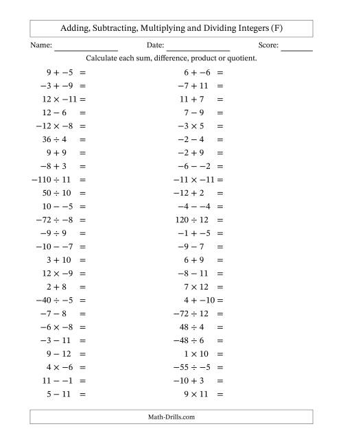 The Adding, Subtracting, Multiplying and Dividing Mixed Integers from -12 to 12 (50 Questions; No Parentheses) (F) Math Worksheet