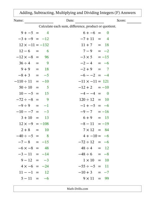 The Adding, Subtracting, Multiplying and Dividing Mixed Integers from -12 to 12 (50 Questions; No Parentheses) (F) Math Worksheet Page 2