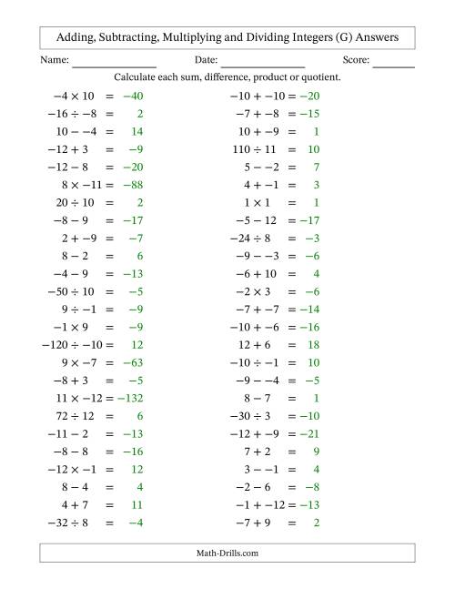 The Adding, Subtracting, Multiplying and Dividing Mixed Integers from -12 to 12 (50 Questions; No Parentheses) (G) Math Worksheet Page 2