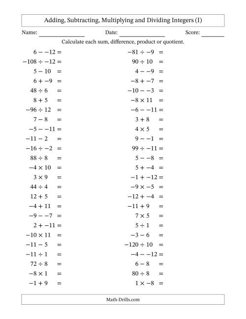 The Adding, Subtracting, Multiplying and Dividing Mixed Integers from -12 to 12 (50 Questions; No Parentheses) (I) Math Worksheet