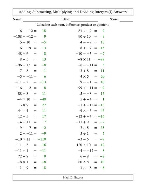 The Adding, Subtracting, Multiplying and Dividing Mixed Integers from -12 to 12 (50 Questions; No Parentheses) (I) Math Worksheet Page 2