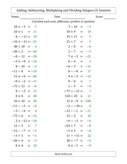 The Adding, Subtracting, Multiplying and Dividing Mixed Integers from -12 to 12 (50 Questions; No Parentheses) (J) Math Worksheet Page 2