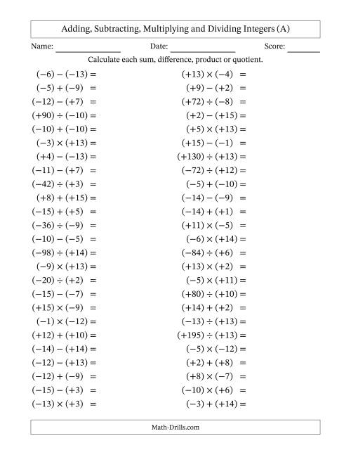 The All Operations with Integers (Range -15 to 15) with All Integers in Parentheses (A) Math Worksheet