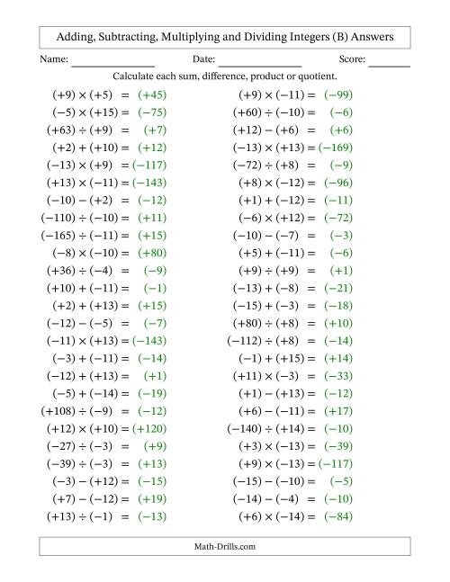The Adding, Subtracting, Multiplying and Dividing Mixed Integers from -15 to 15 (50 Questions; All Parentheses) (B) Math Worksheet Page 2