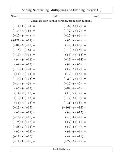 The All Operations with Integers (Range -15 to 15) with All Integers in Parentheses (E) Math Worksheet