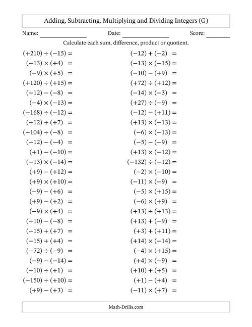 The Adding, Subtracting, Multiplying and Dividing Mixed Integers from -15 to 15 (50 Questions; All Parentheses) (G) Math Worksheet
