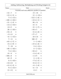 Adding, Subtracting, Multiplying and Dividing Mixed Integers from -15 to 15 (50 Questions)
