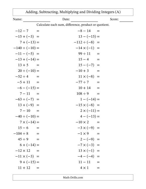 The All Operations with Integers (Range -15 to 15) with Negative Integers in Parentheses (A) Math Worksheet