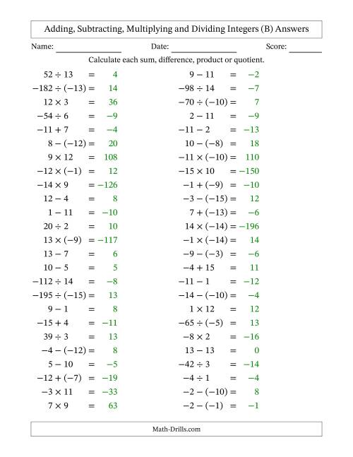 The Adding, Subtracting, Multiplying and Dividing Mixed Integers from -15 to 15 (50 Questions) (B) Math Worksheet Page 2