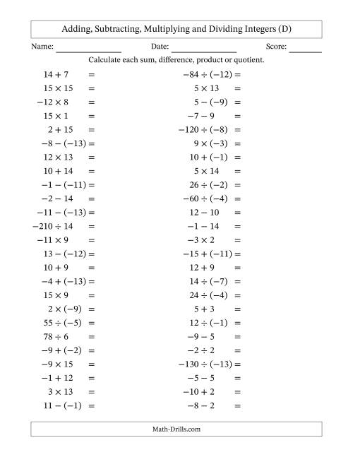 The Adding, Subtracting, Multiplying and Dividing Mixed Integers from -15 to 15 (50 Questions) (D) Math Worksheet