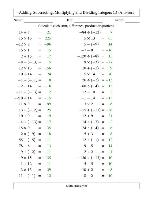 The Adding, Subtracting, Multiplying and Dividing Mixed Integers from -15 to 15 (50 Questions) (D) Math Worksheet Page 2