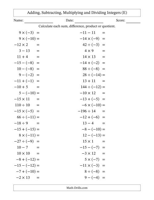 The Adding, Subtracting, Multiplying and Dividing Mixed Integers from -15 to 15 (50 Questions) (E) Math Worksheet