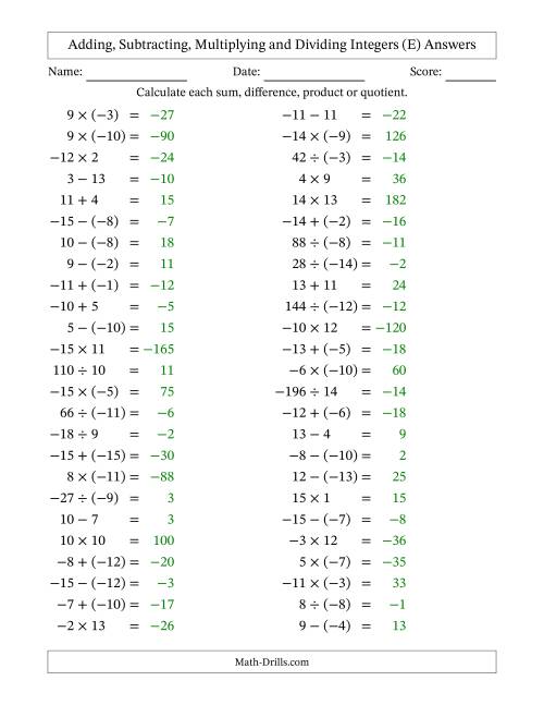 The Adding, Subtracting, Multiplying and Dividing Mixed Integers from -15 to 15 (50 Questions) (E) Math Worksheet Page 2