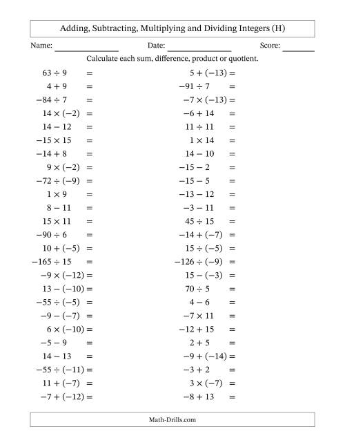 The Adding, Subtracting, Multiplying and Dividing Mixed Integers from -15 to 15 (50 Questions) (H) Math Worksheet