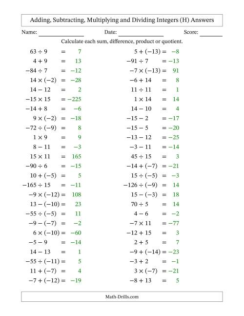 The Adding, Subtracting, Multiplying and Dividing Mixed Integers from -15 to 15 (50 Questions) (H) Math Worksheet Page 2