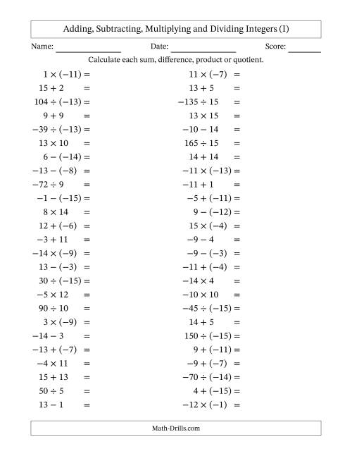 The Adding, Subtracting, Multiplying and Dividing Mixed Integers from -15 to 15 (50 Questions) (I) Math Worksheet