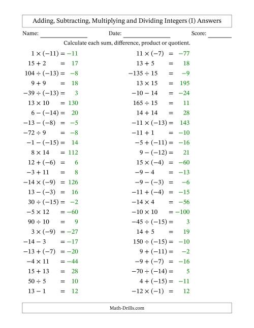 The Adding, Subtracting, Multiplying and Dividing Mixed Integers from -15 to 15 (50 Questions) (I) Math Worksheet Page 2