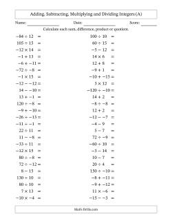 Adding, Subtracting, Multiplying and Dividing Mixed Integers from -15 to 15 (50 Questions; No Parentheses)