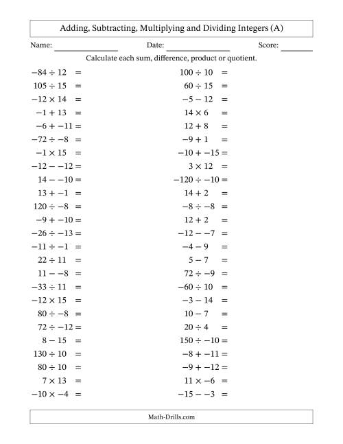 The All Operations with Integers (Range -15 to 15) with No Parentheses (A) Math Worksheet