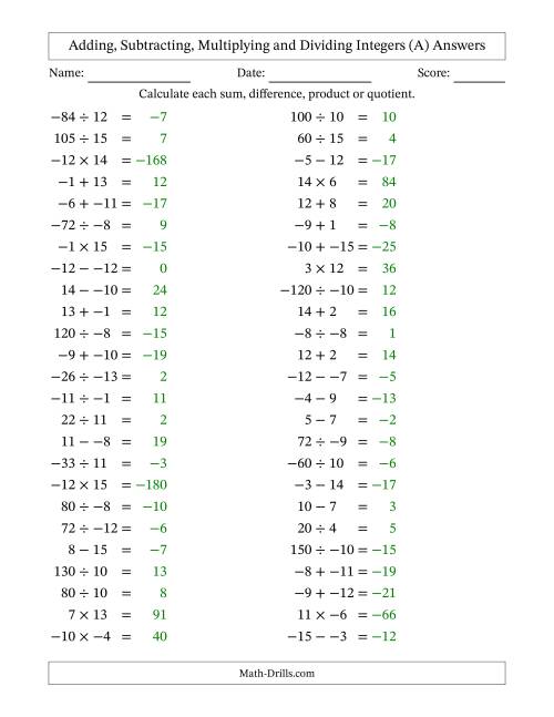 The All Operations with Integers (Range -15 to 15) with No Parentheses (A) Math Worksheet Page 2