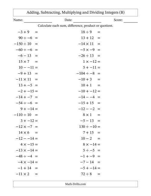 The Adding, Subtracting, Multiplying and Dividing Mixed Integers from -15 to 15 (50 Questions; No Parentheses) (B) Math Worksheet