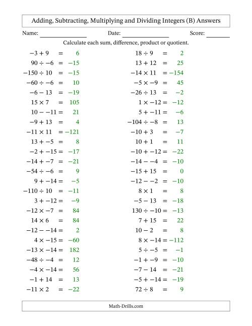 The Adding, Subtracting, Multiplying and Dividing Mixed Integers from -15 to 15 (50 Questions; No Parentheses) (B) Math Worksheet Page 2