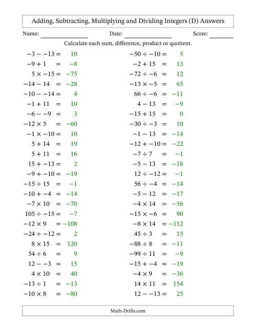 The Adding, Subtracting, Multiplying and Dividing Mixed Integers from -15 to 15 (50 Questions; No Parentheses) (D) Math Worksheet Page 2