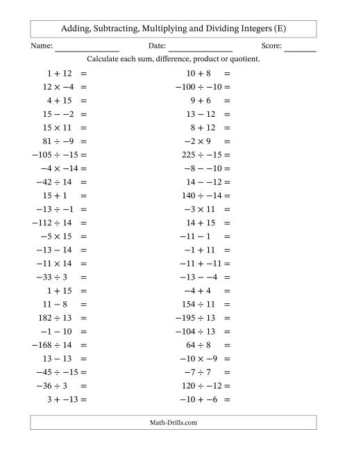 The Adding, Subtracting, Multiplying and Dividing Mixed Integers from -15 to 15 (50 Questions; No Parentheses) (E) Math Worksheet