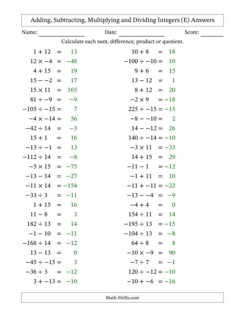 The Adding, Subtracting, Multiplying and Dividing Mixed Integers from -15 to 15 (50 Questions; No Parentheses) (E) Math Worksheet Page 2