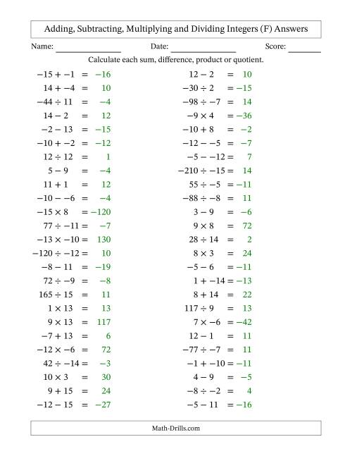 The Adding, Subtracting, Multiplying and Dividing Mixed Integers from -15 to 15 (50 Questions; No Parentheses) (F) Math Worksheet Page 2